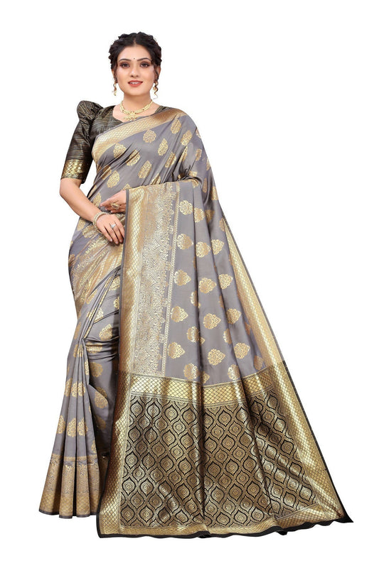 Vamika Ethnic Fire Grey Weaving Banarasi Jacquard Saree | Swadesiicart