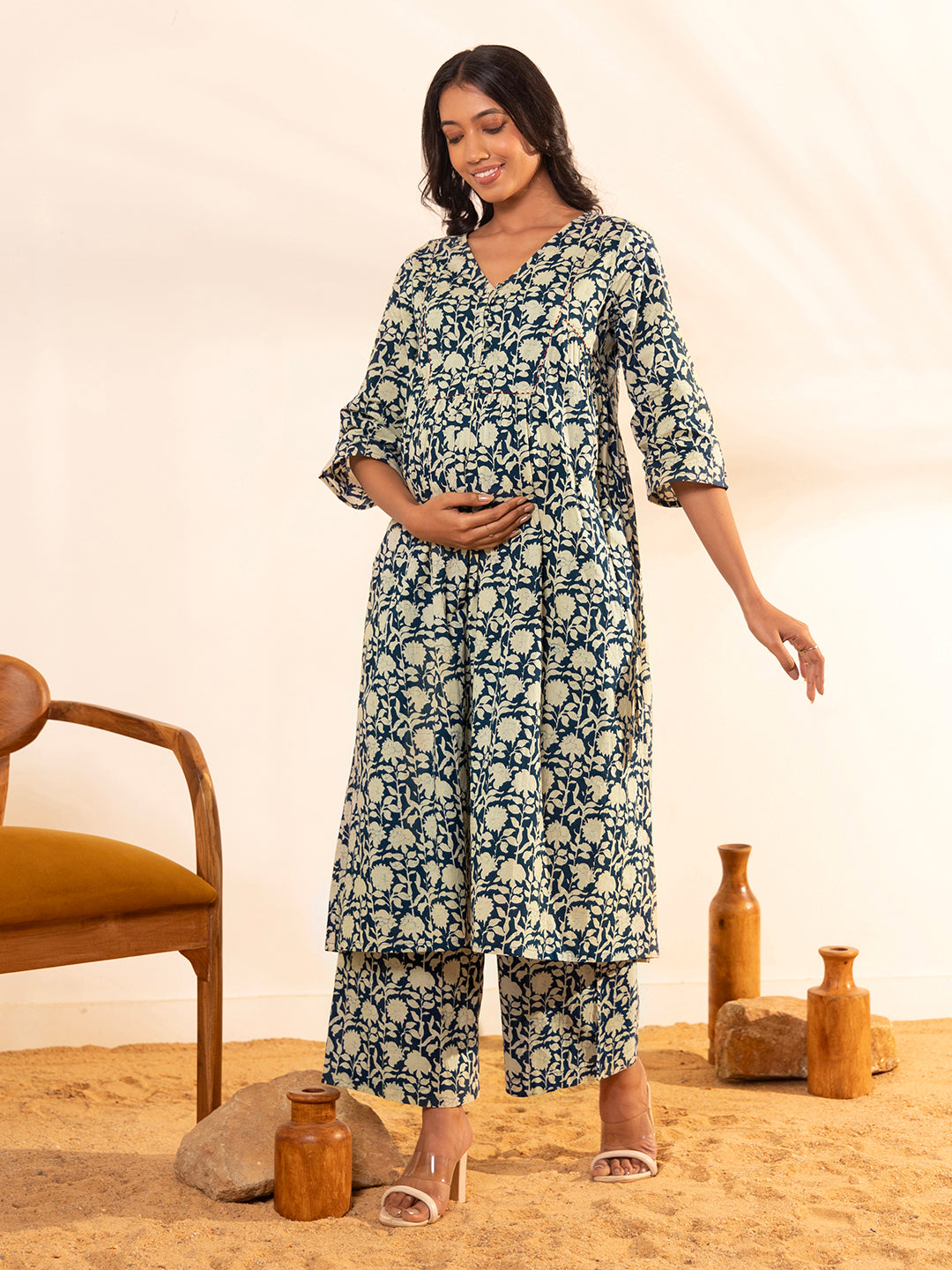 Janasya Teal Blue Cotton Floral Printed Casual Maternity Set | Swadesiicart