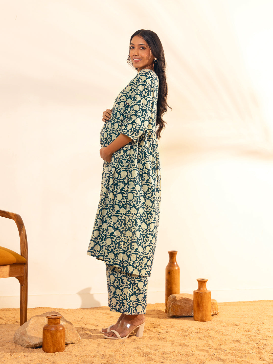 Janasya Teal Blue Cotton Floral Printed Casual Maternity Set | Swadesiicart