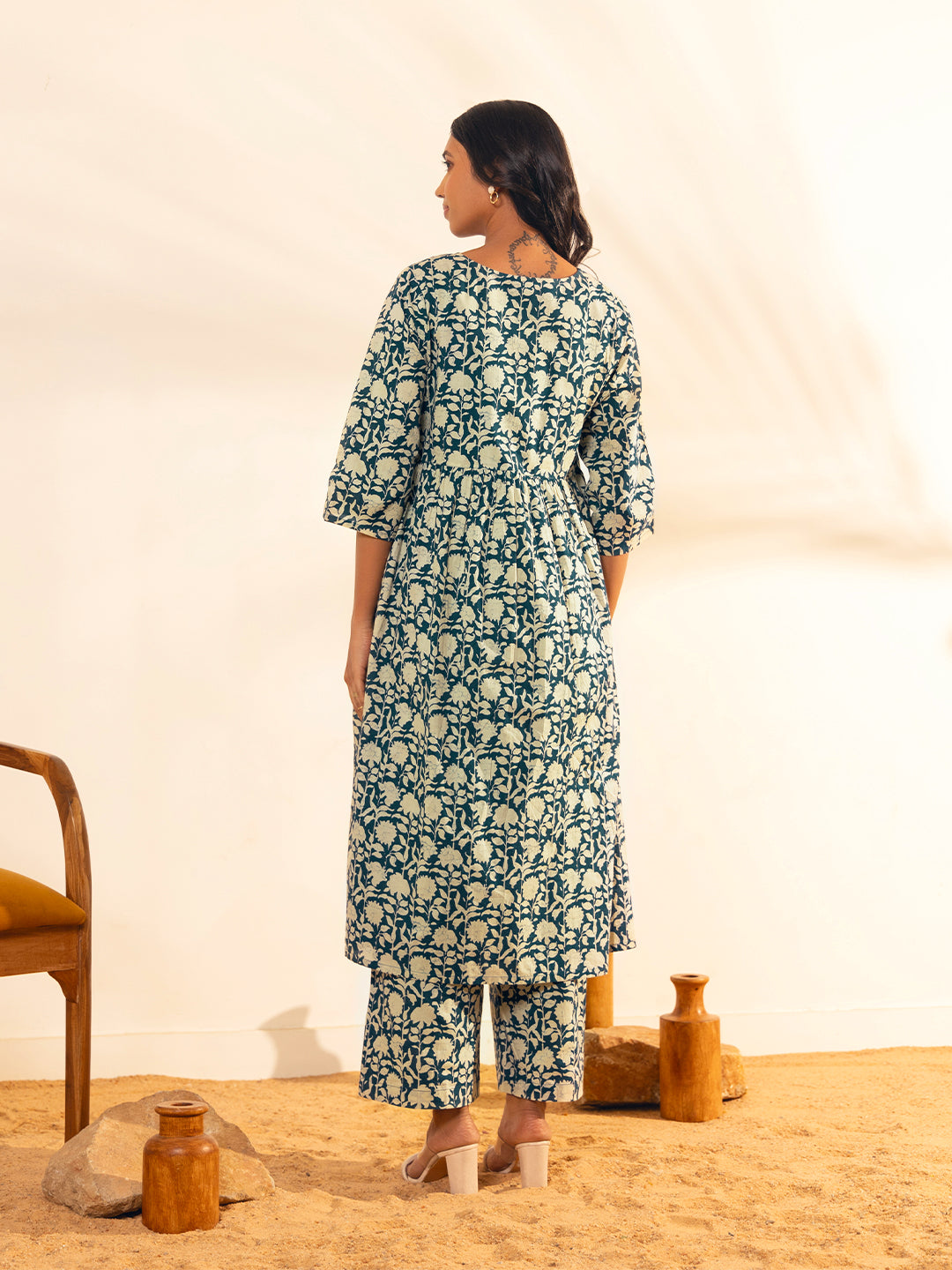 Janasya Teal Blue Cotton Floral Printed Casual Maternity Set | Swadesiicart