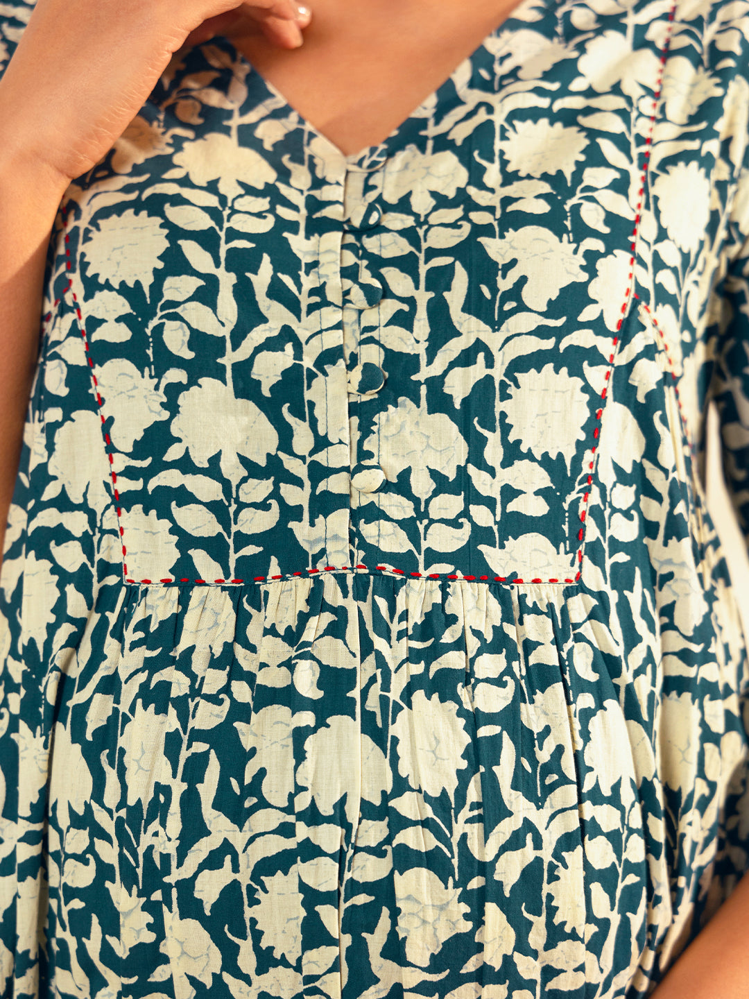 Janasya Teal Blue Cotton Floral Printed Casual Maternity Set | Swadesiicart