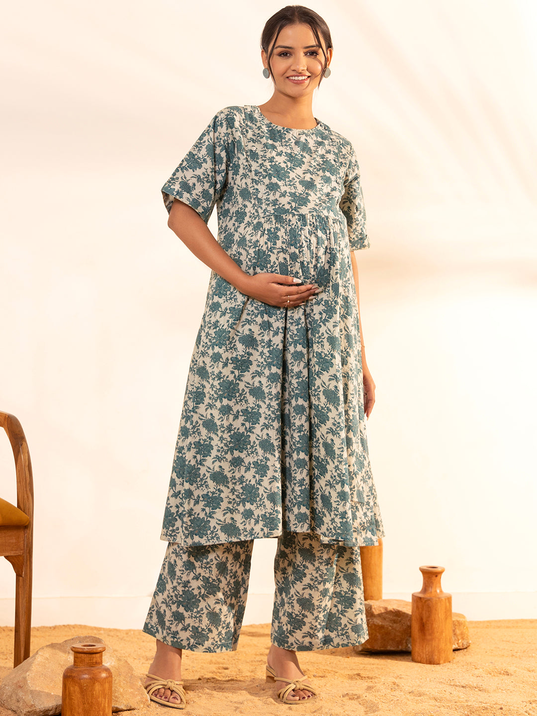 Janasya Beige Cotton Floral Printed Casual Maternity Set | Swadesiicart