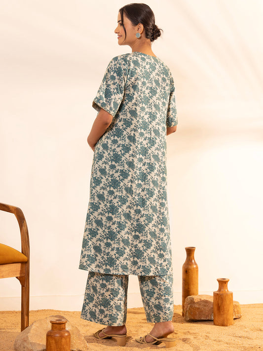 Janasya Beige Cotton Floral Printed Casual Maternity Set | Swadesiicart