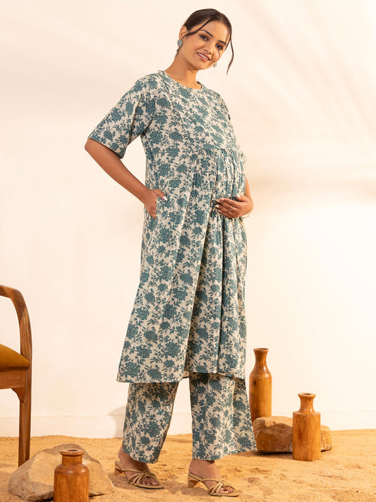 Janasya Beige Cotton Floral Printed Casual Maternity Set | Swadesiicart