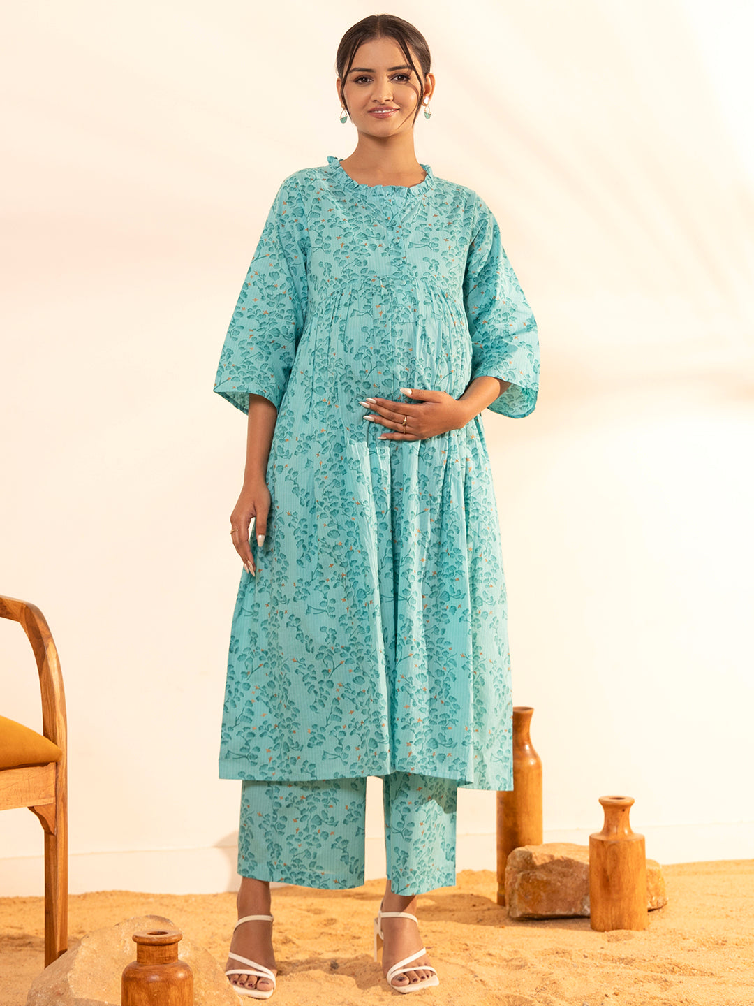 Janasya Sea Green Cotton Floral Printed Casual Maternity Set | Swadesiicart