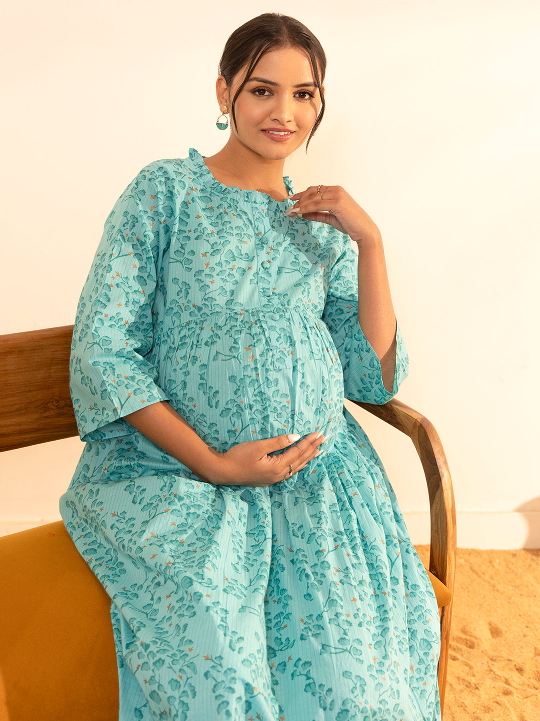Janasya Sea Green Cotton Floral Printed Casual Maternity Set | Swadesiicart
