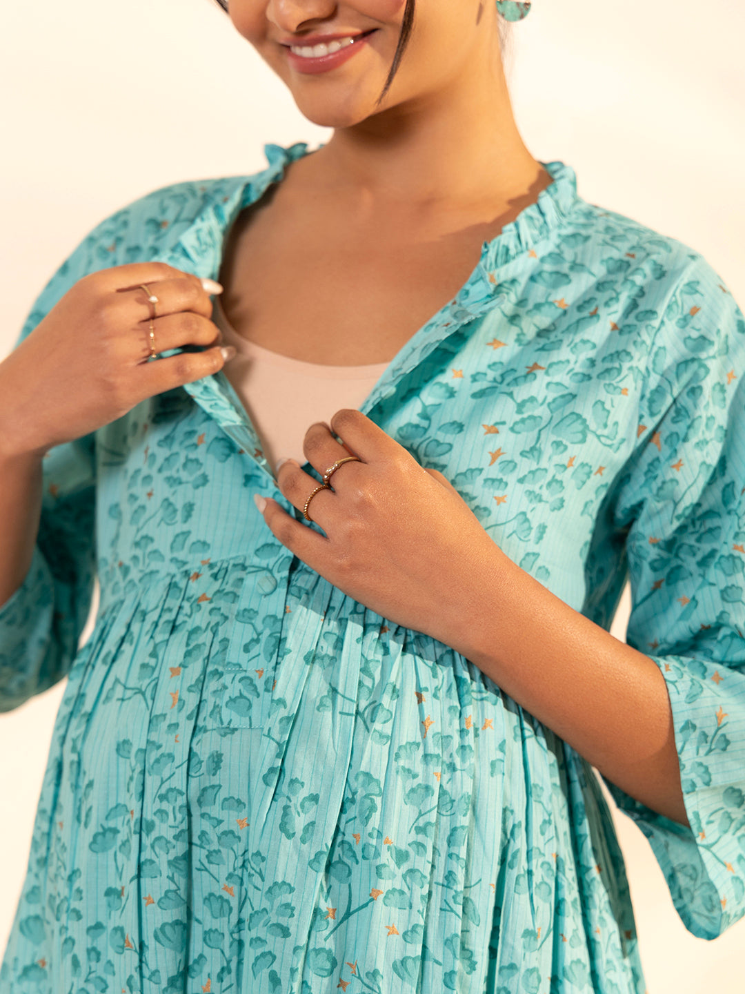 Janasya Sea Green Cotton Floral Printed Casual Maternity Set | Swadesiicart