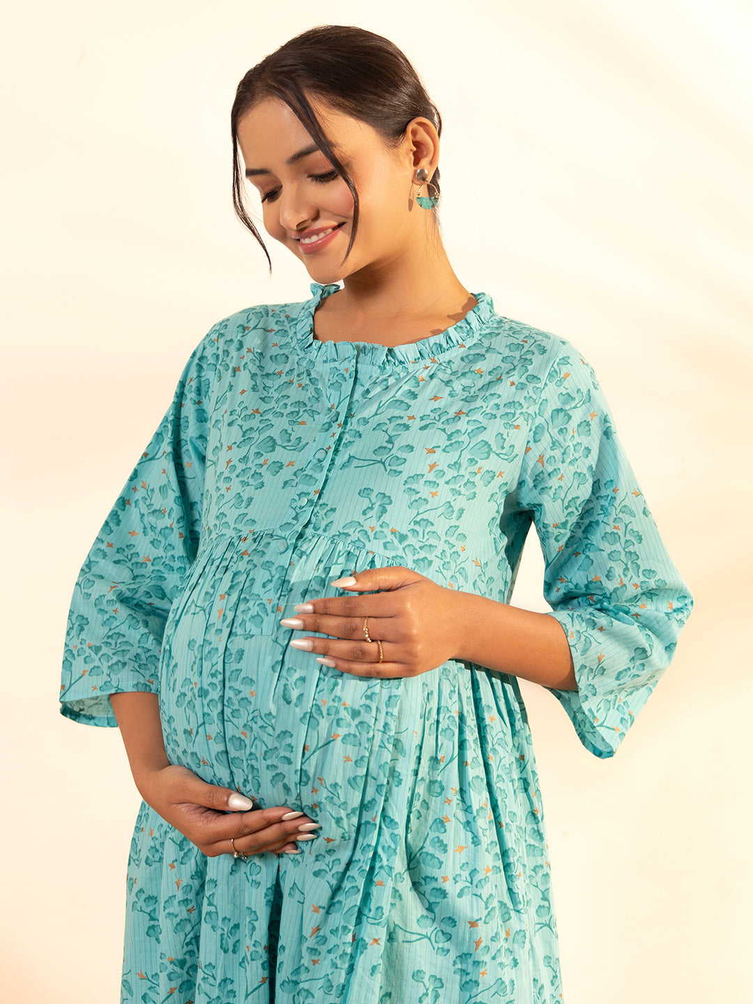 Janasya Sea Green Cotton Floral Printed Casual Maternity Set | Swadesiicart