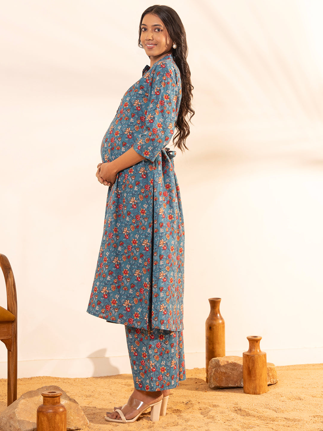 Janasya Blue Cotton Floral A-Line Kurta Set | Swadesiicart