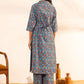 Janasya Blue Cotton Floral A-Line Kurta Set | Swadesiicart