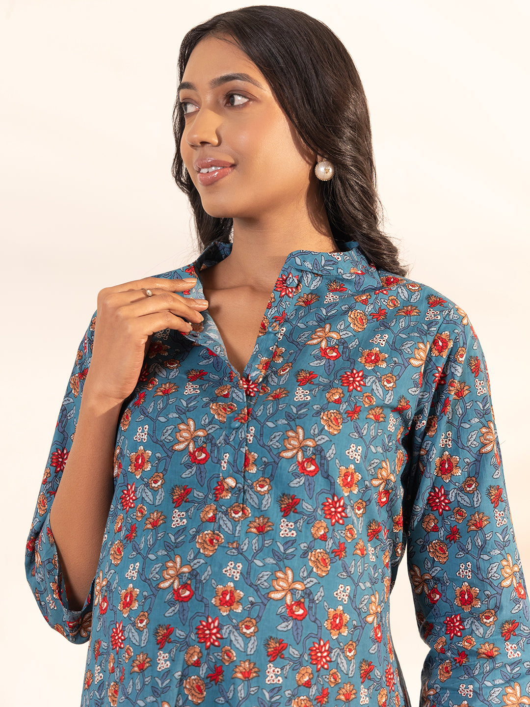 Janasya Blue Cotton Floral A-Line Kurta Set | Swadesiicart
