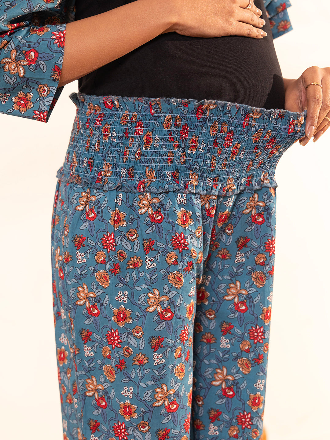 Janasya Blue Cotton Floral A-Line Kurta Set | Swadesiicart