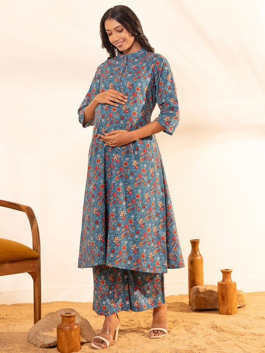 Janasya Blue Cotton Floral A-Line Kurta Set | Swadesiicart