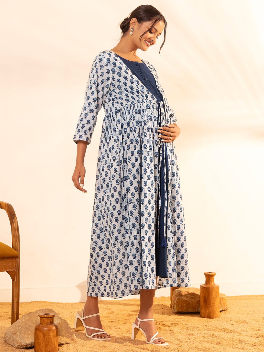 Janasya White Cotton Floral A-Line Dress | Swadesiicart