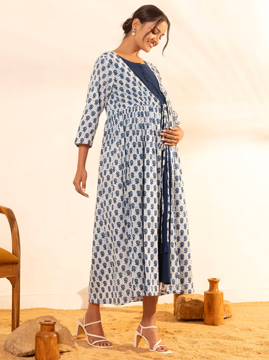 Janasya White Cotton Floral A-Line Dress | Swadesiicart