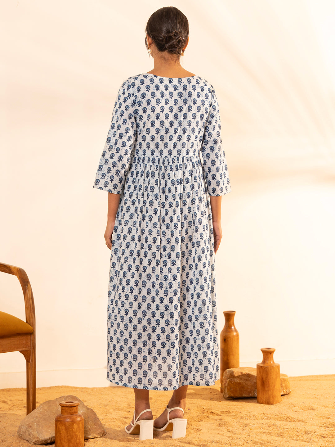 Janasya White Cotton Floral A-Line Dress | Swadesiicart