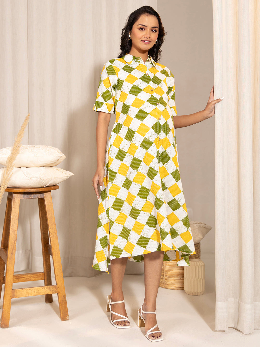 Janasya Multicolour Cotton Geometric A-Line Dress | Swadesiicart