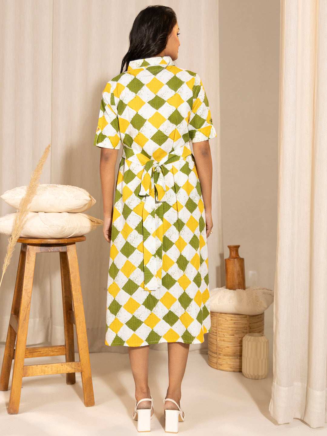 Janasya Multicolour Cotton Geometric A-Line Dress | Swadesiicart