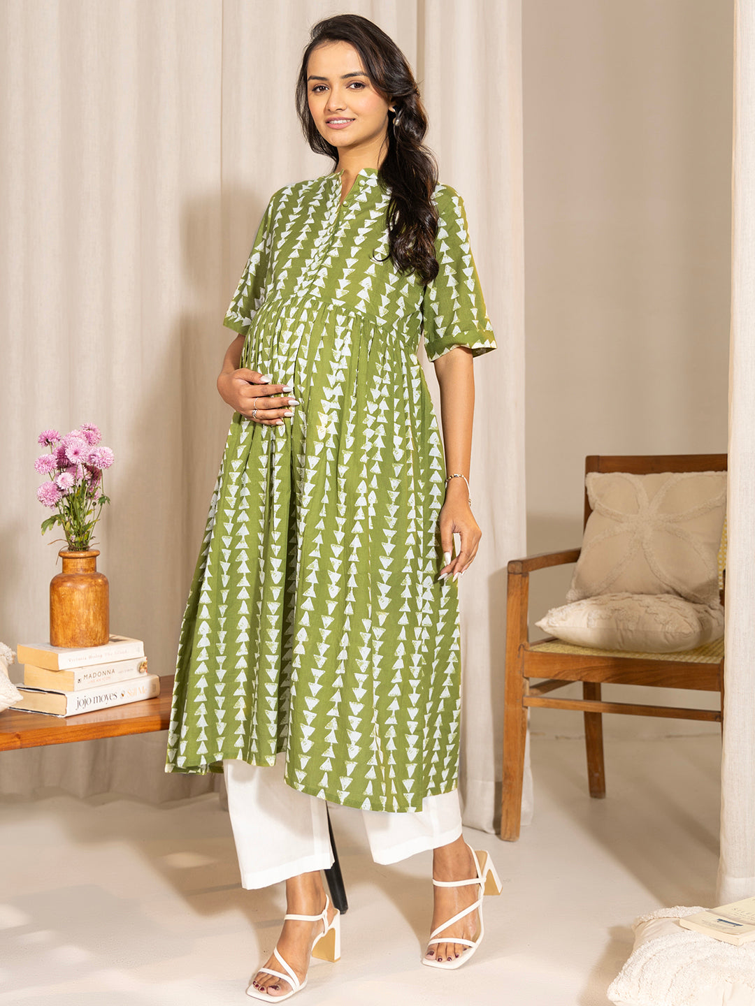 Janasya Green Cotton Block Printed Casual Maternity Kurta | Swadesiicart