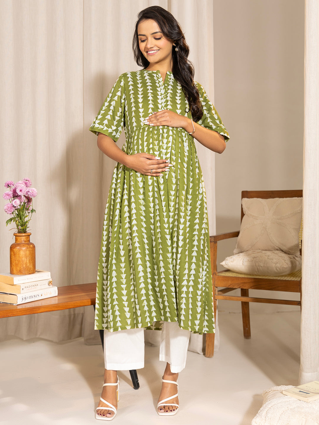 Janasya Green Cotton Block Printed Casual Maternity Kurta | Swadesiicart