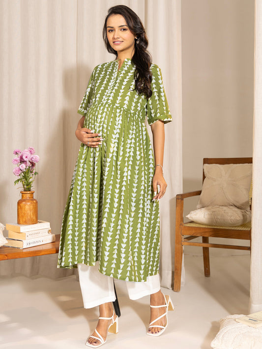 Janasya Green Cotton Block Printed Casual Maternity Kurta | Swadesiicart