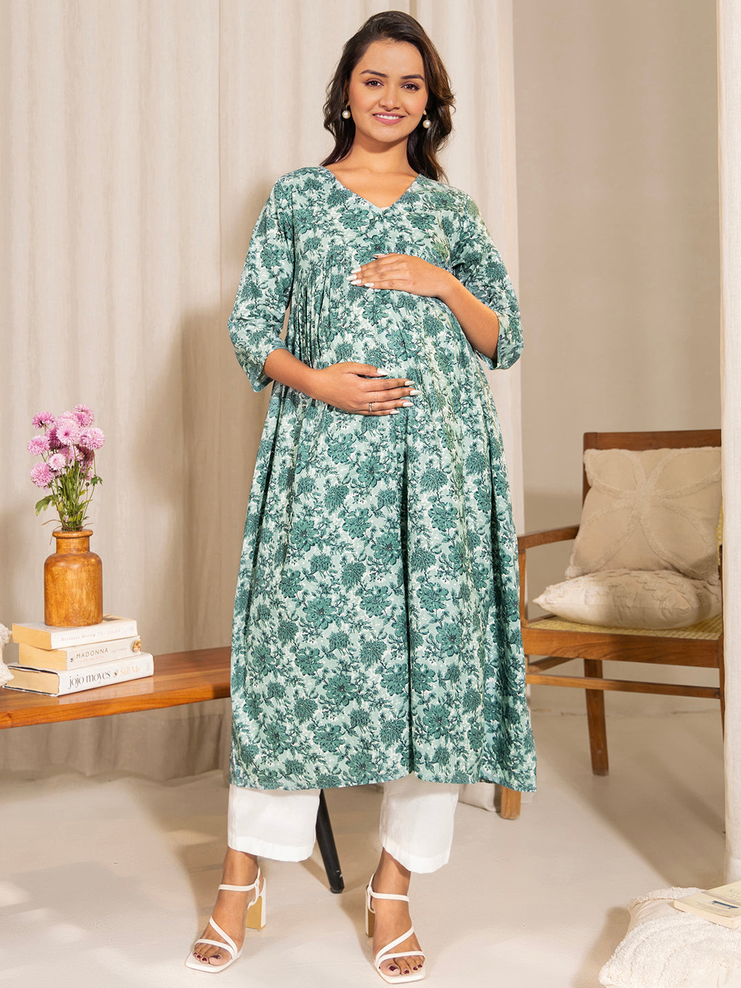 Janasya Sage Green Cotton Floral Printed Casual Maternity Kurta | Swadesiicart