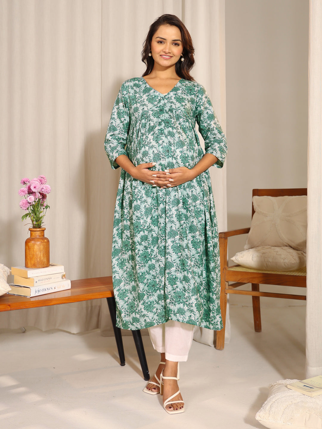 Janasya Sage Green Cotton Floral Printed Casual Maternity Kurta | Swadesiicart