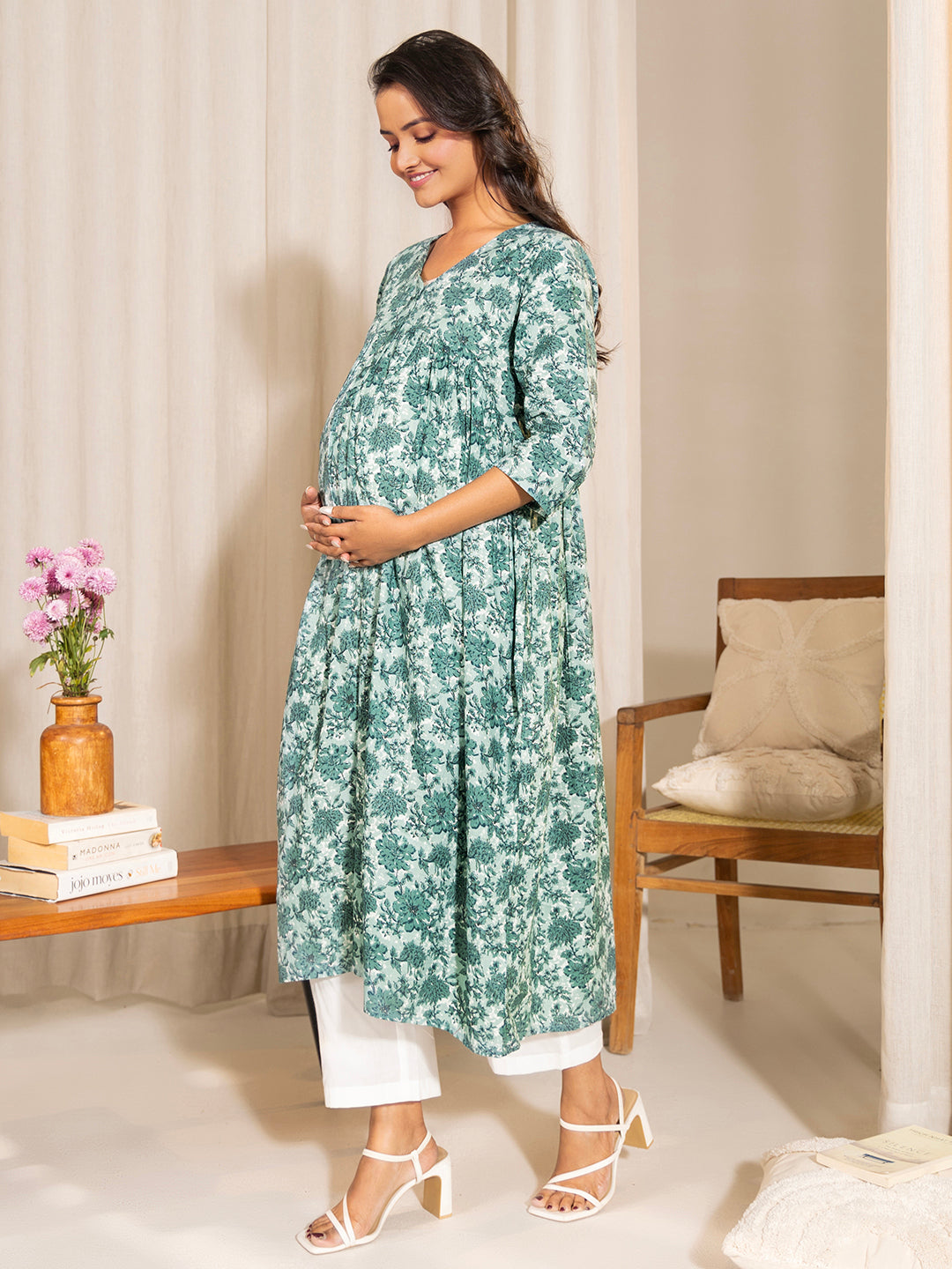 Janasya Sage Green Cotton Floral Printed Casual Maternity Kurta | Swadesiicart