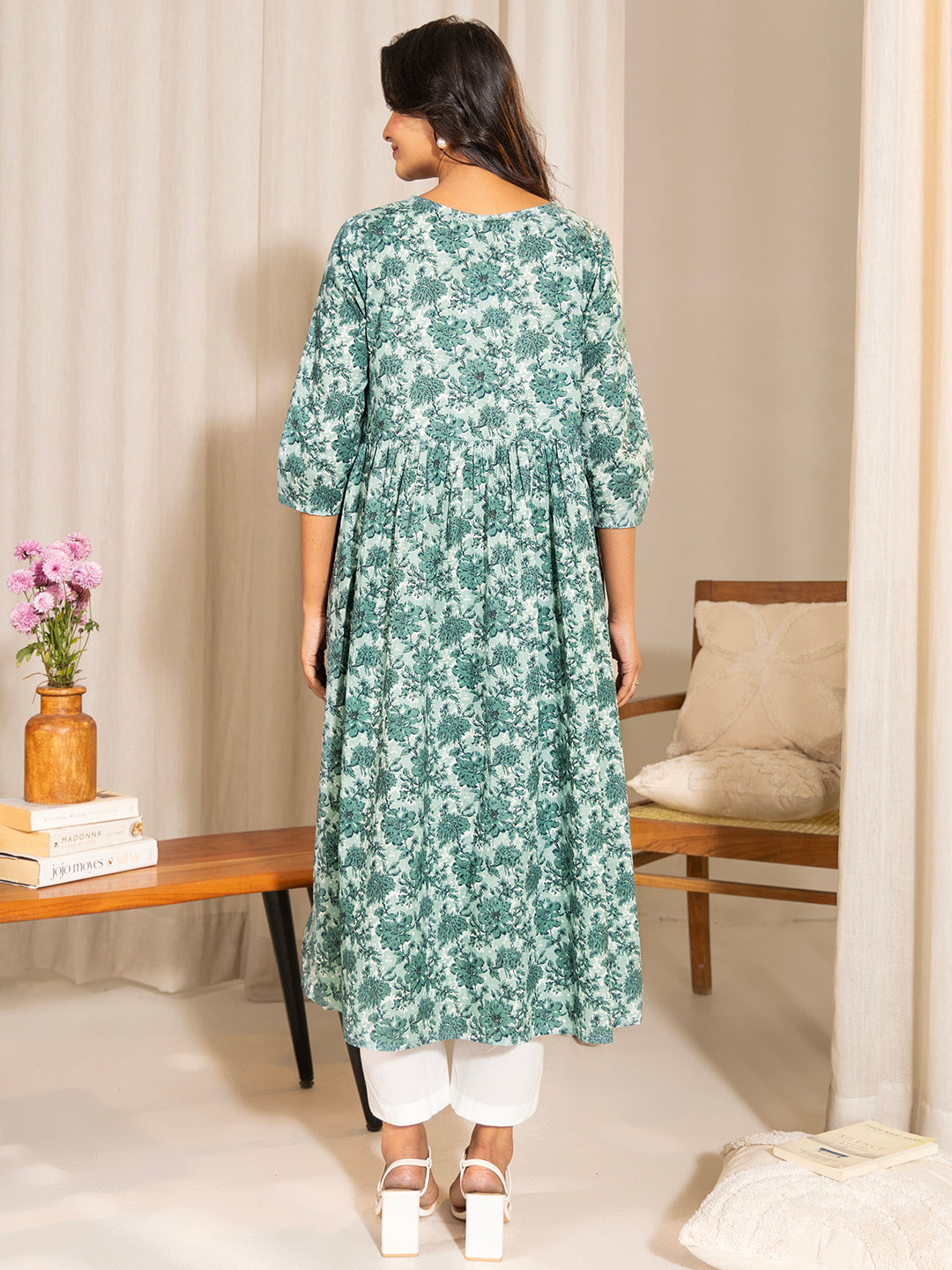 Janasya Sage Green Cotton Floral Printed Casual Maternity Kurta | Swadesiicart