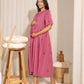 Janasya Pink Cotton Geometric Gathered Dress | Swadesiicart