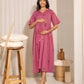 Janasya Pink Cotton Geometric Gathered Dress | Swadesiicart