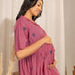 Janasya Pink Cotton Geometric Gathered Dress | Swadesiicart