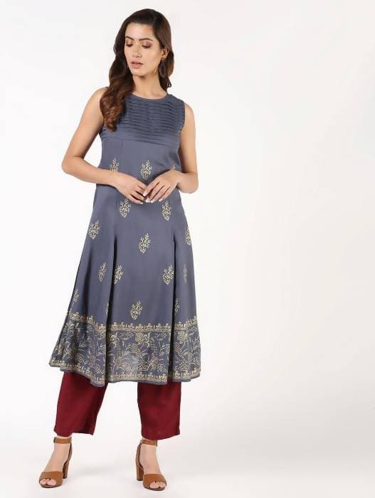 Aniyah Rayon Block Print Flared Grey Kurta (AN-150K) - Swadesiicart
