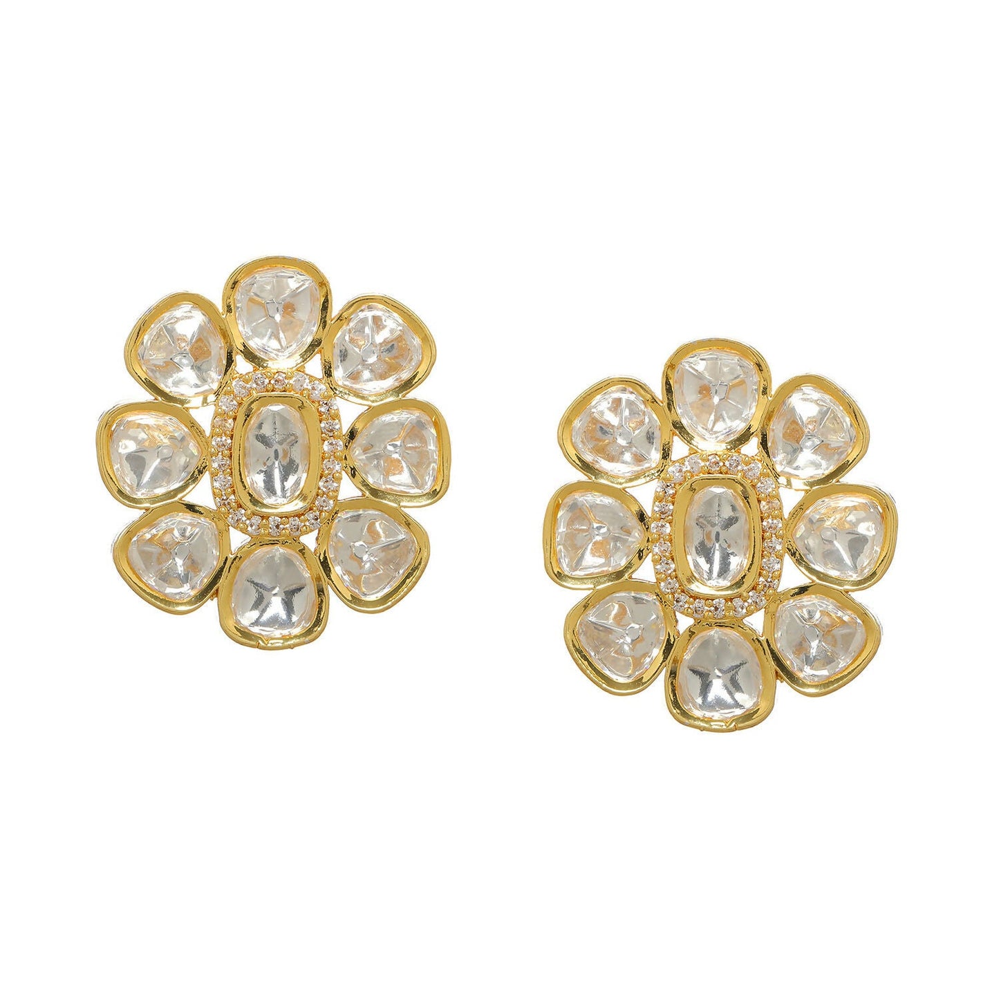 Oversized Round Kundan Studs (Gold) - Ruby Raang - Swadesiicart
