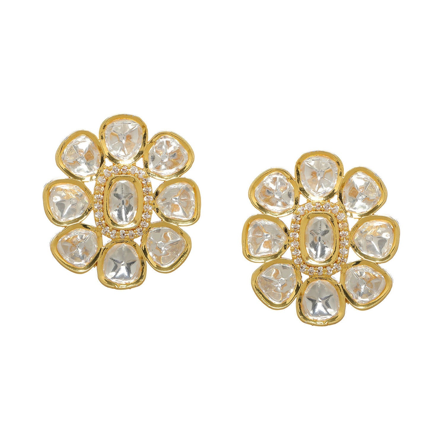 Oversized Round Kundan Studs (Gold) - Ruby Raang - Swadesiicart