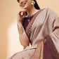 Beige, Purple Tussar Silk Zari, Thread And Cord Embroidery, Laser Cut Applique Saree - Norita Hit Design - Swadesiicart