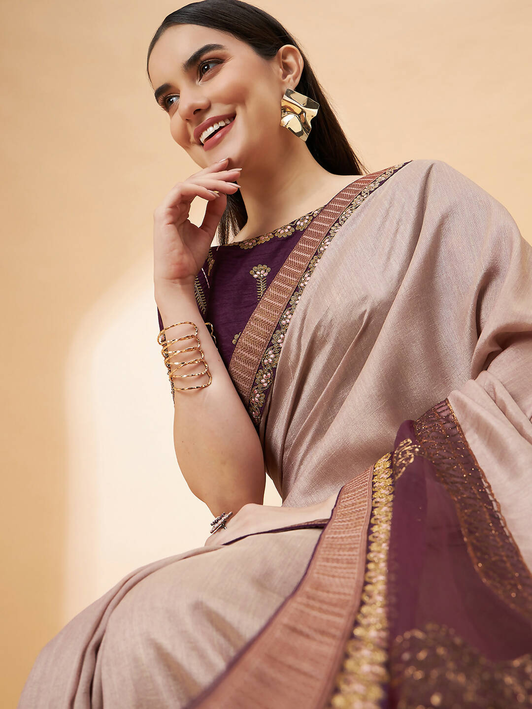 Beige, Purple Tussar Silk Zari, Thread And Cord Embroidery, Laser Cut Applique Saree - Norita Hit Design - Swadesiicart