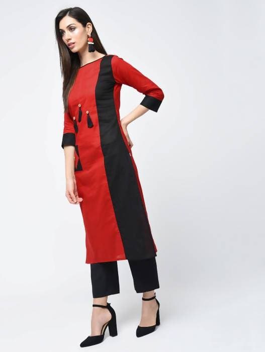 Aniyah Cotton Red Color Stylish Block Straight Kurta (AN-107K) - Swadesiicart