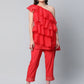Ahalyaa Red Printed Layered Top with Trousers | Swadesiicart
