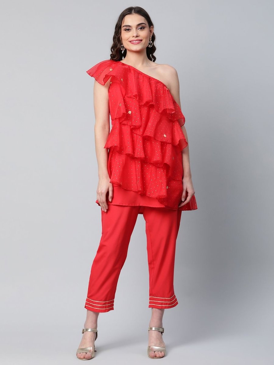 Ahalyaa Red Printed Layered Top with Trousers | Swadesiicart