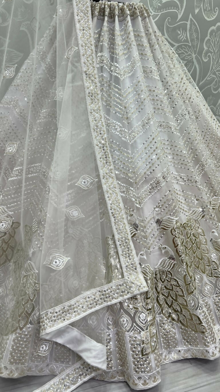 Jyoti Fashion Women's White Bridal Net Fancy Foil & Sequins with Multi Thread Embroidered Wedding Lehenga Choli | Swadesiicart