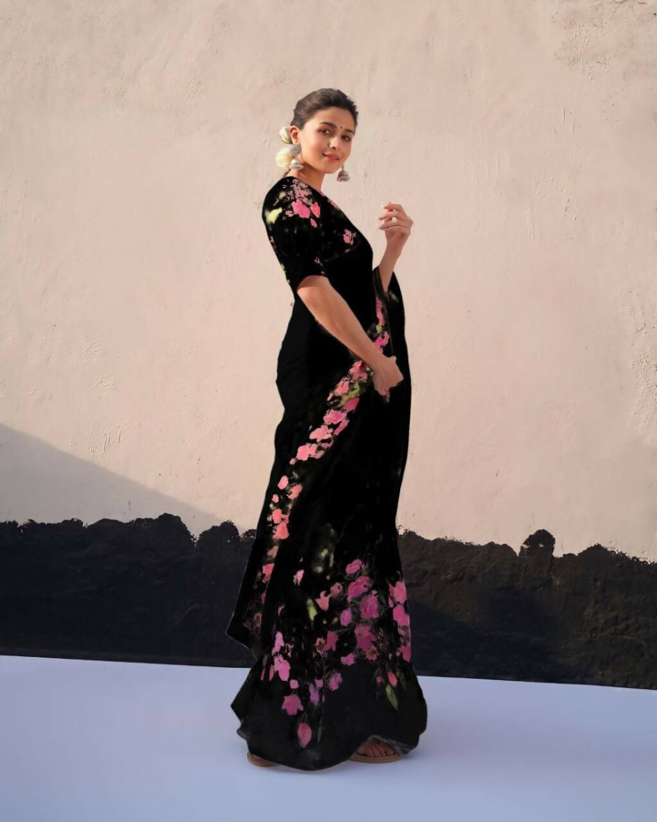 Arfa Fashion House Black Floral Pure Lilin Digital Printed Saree