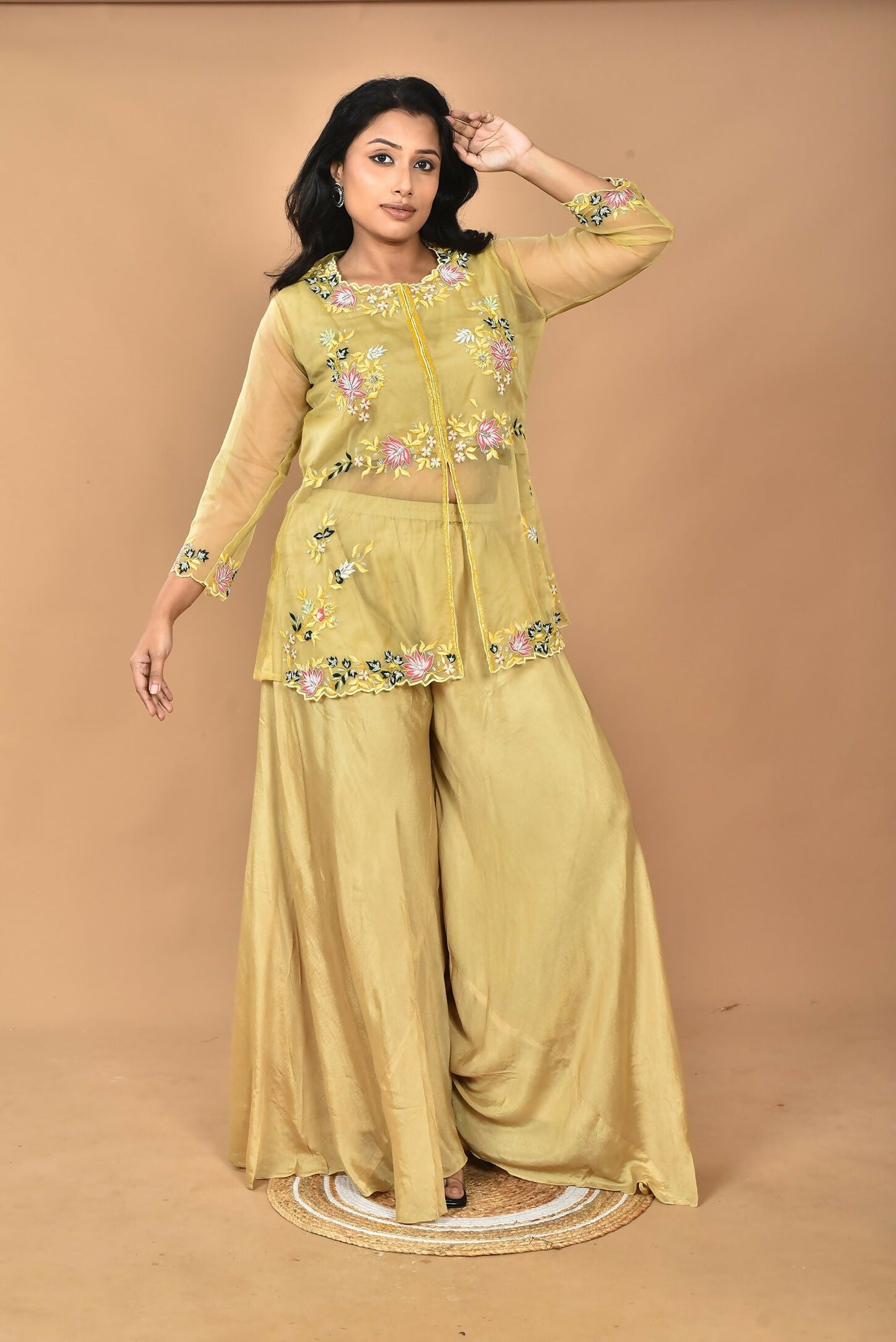 Morchari Women And Hand Embroidery Palazzo Set-Mustard - Swadesiicart