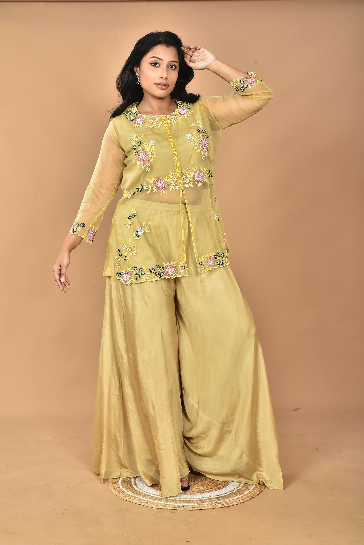 Morchari Women And Hand Embroidery Palazzo Set-Mustard - Swadesiicart