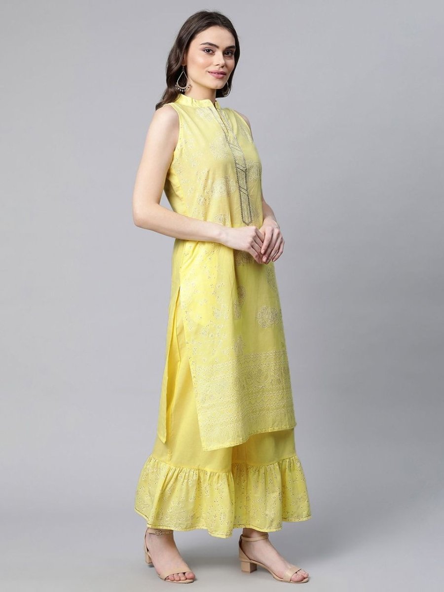 Ahalyaa Women Yellow Colour Pure Cotton Glitter Print Kurta Palazzo Set | Swadesiicart