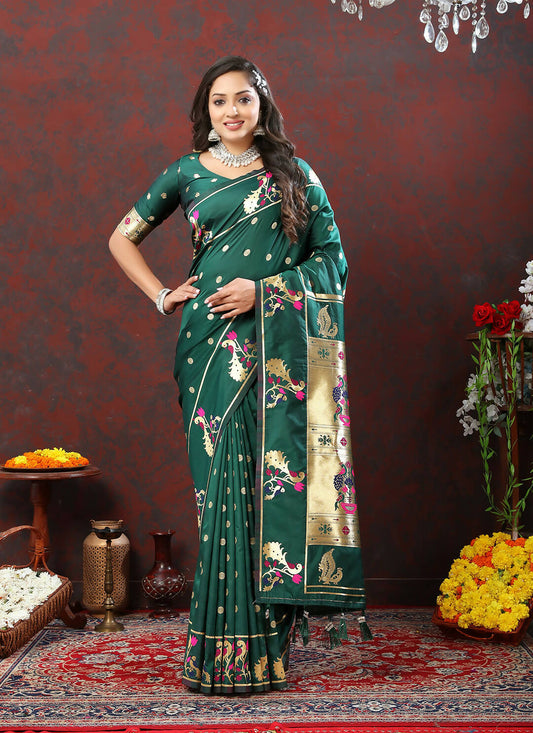 Lorenvalley Fashion Green Soft Paithani Silk Woven Design Gold Zari Meenakari Weaving Saree - Swadesiicart