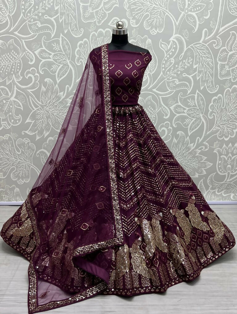 Jyoti Fashion Women's Purple Bridal Net Fancy Foil & Sequins with Multi Thread Embroidered Wedding Lehenga Choli | Swadesiicart