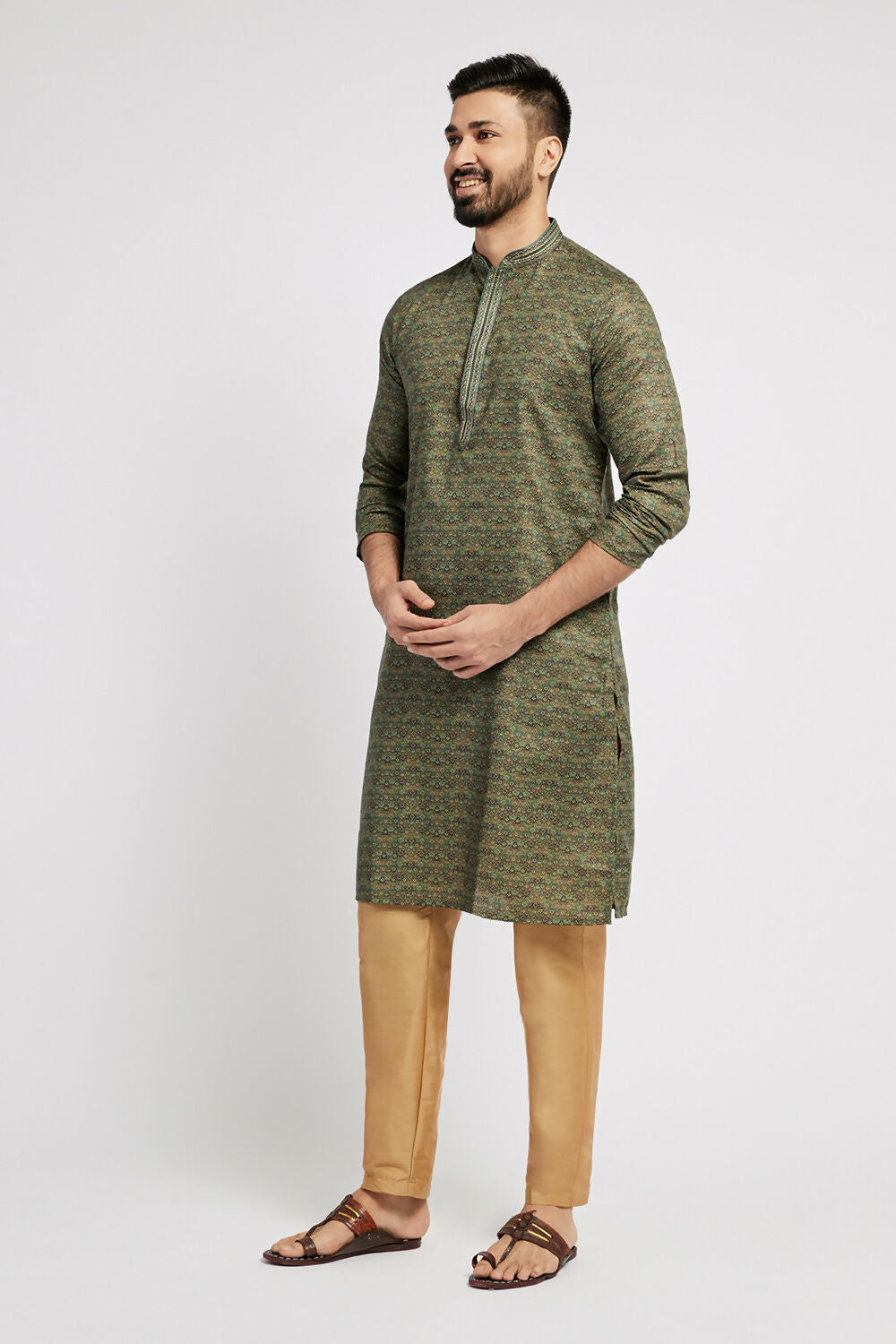 Ethnic India Green Men's Kurta Abstract Polyester | Swadesiicart