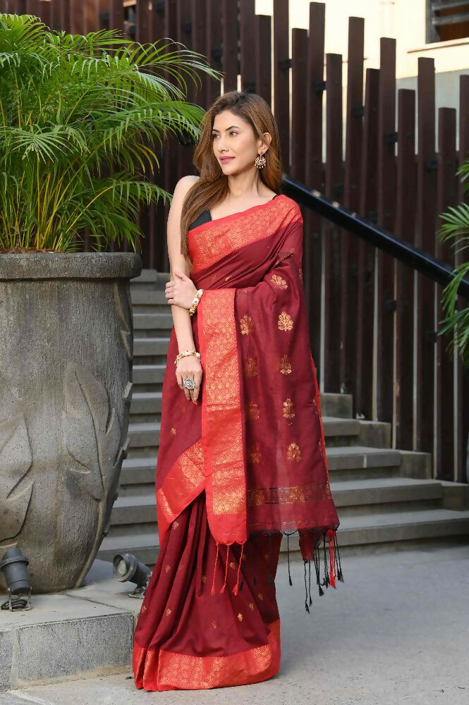 Beatitude Red Cotton Banarasi Saree | Swadesiicart