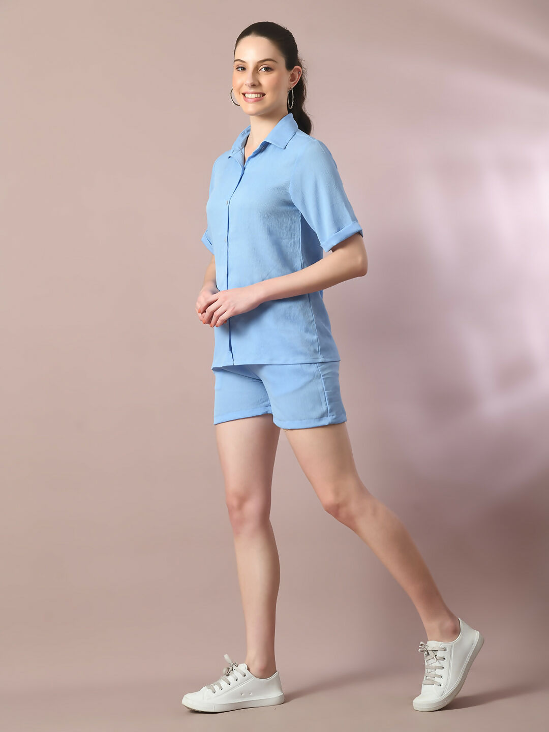 Myshka Women's Blue Solid Shirt Collar Party Shirt With Shorts Co-ord set - Swadesiicart